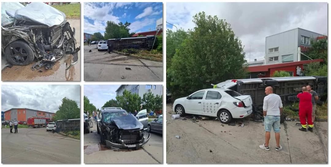 Accident cu 3 vehicule la Timișoara, provocat de o șoferiță tânără. Un tânăr s-a răsturnat cu autoutilitara în urma impactului.