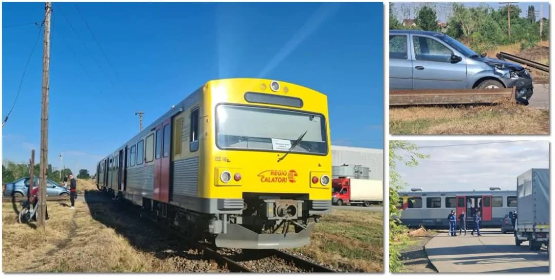 Mașină spulberată de tren pe calea ferată la Săcălaz. Vezi imaginile!