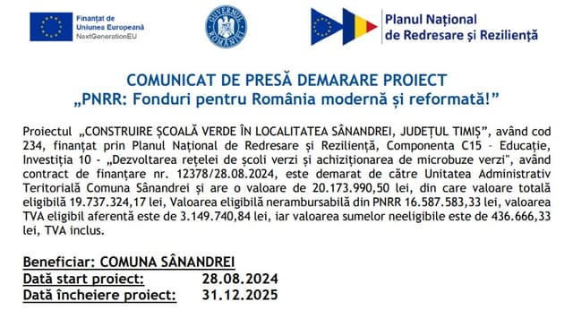  Construcția unei Școli Verzi la Sânandrei, Timiș - Fonduri de 20 Milioane Lei pentru Educație Sustenabilă!