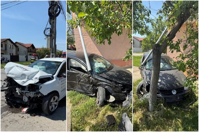  Trei răniți, printre care doi copii, în urma unei coliziuni care a proiectat mașini într-un stâlp și în peretele unei case.