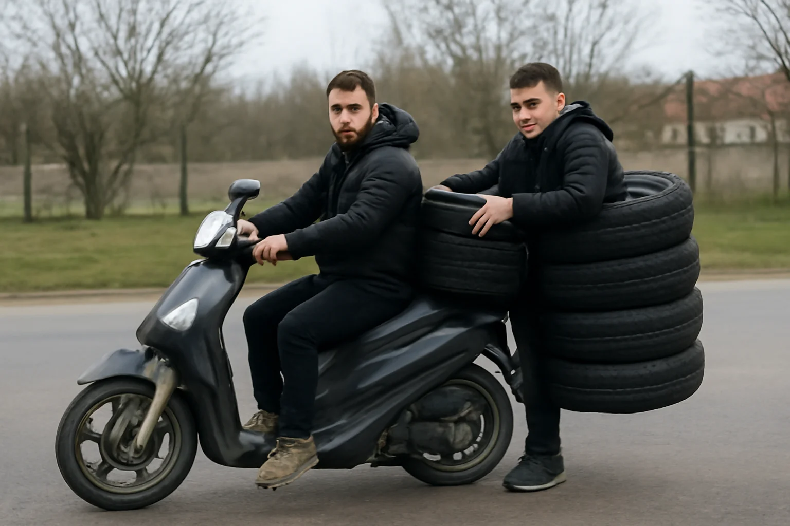 Cum au reușit doi tineri să înghesuie 4 anvelope furate pe un scuter? Poliția i-a prins lângă Timișoara!