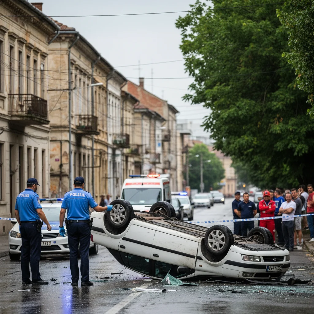 Mașină răsturnată după impact cu un autoturism parcat, pe o stradă din Lugoj. Șoferul a scăpat cu răni ușoare – incident rutier în județul Timișoara