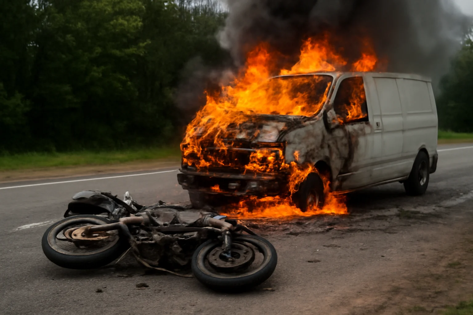  Moartea unei femei după coliziunea motocicletei cu o autoutilitară, urmată de incendiu devastator