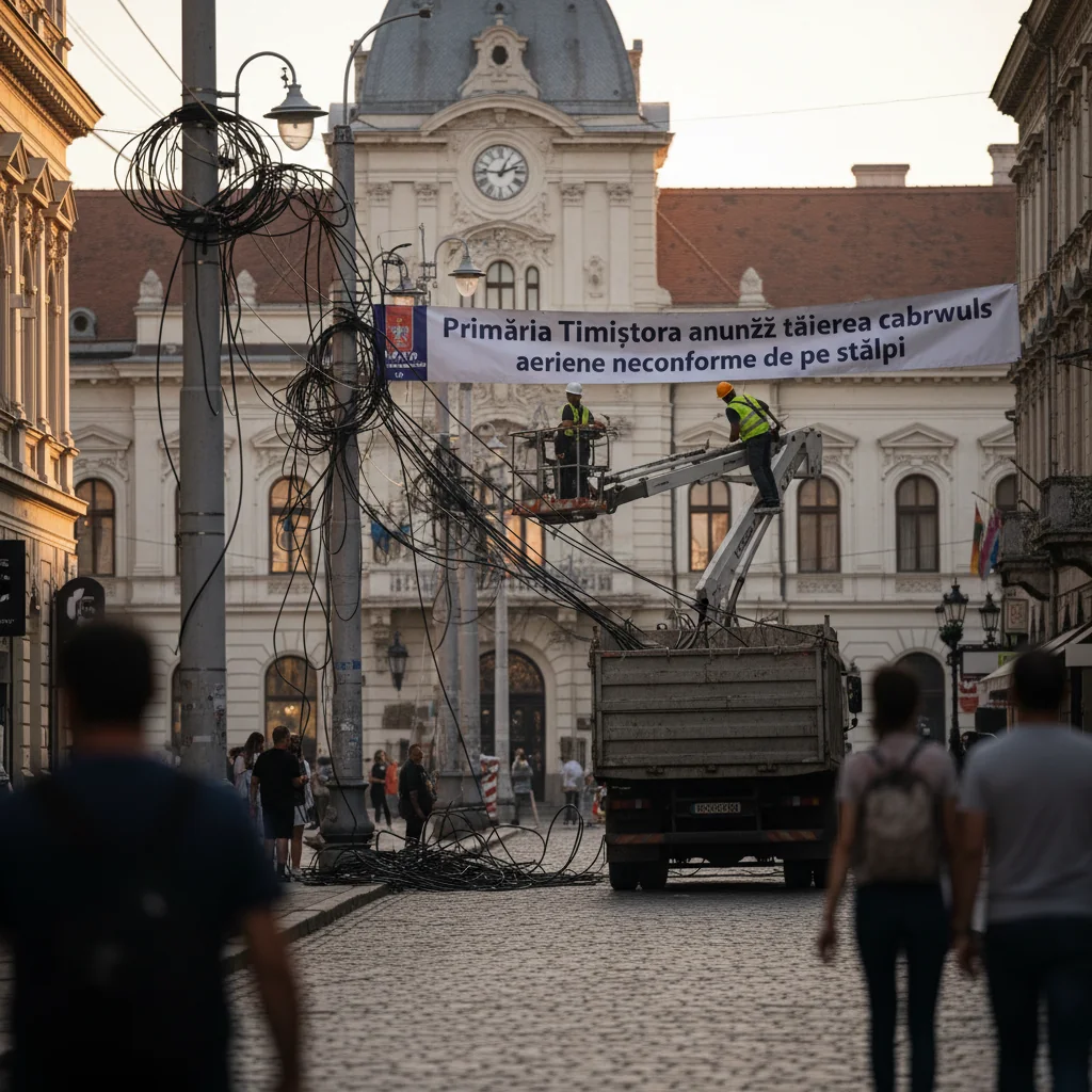 Primăria Timișoara reia tăierea cablurilor aeriene neconforme de pe stâlpi