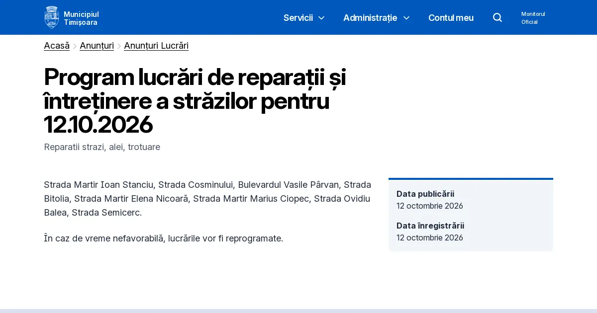 Reparații în Timișoara pe 12 octombrie: de la Martir Ioan Stanciu la Semicerc