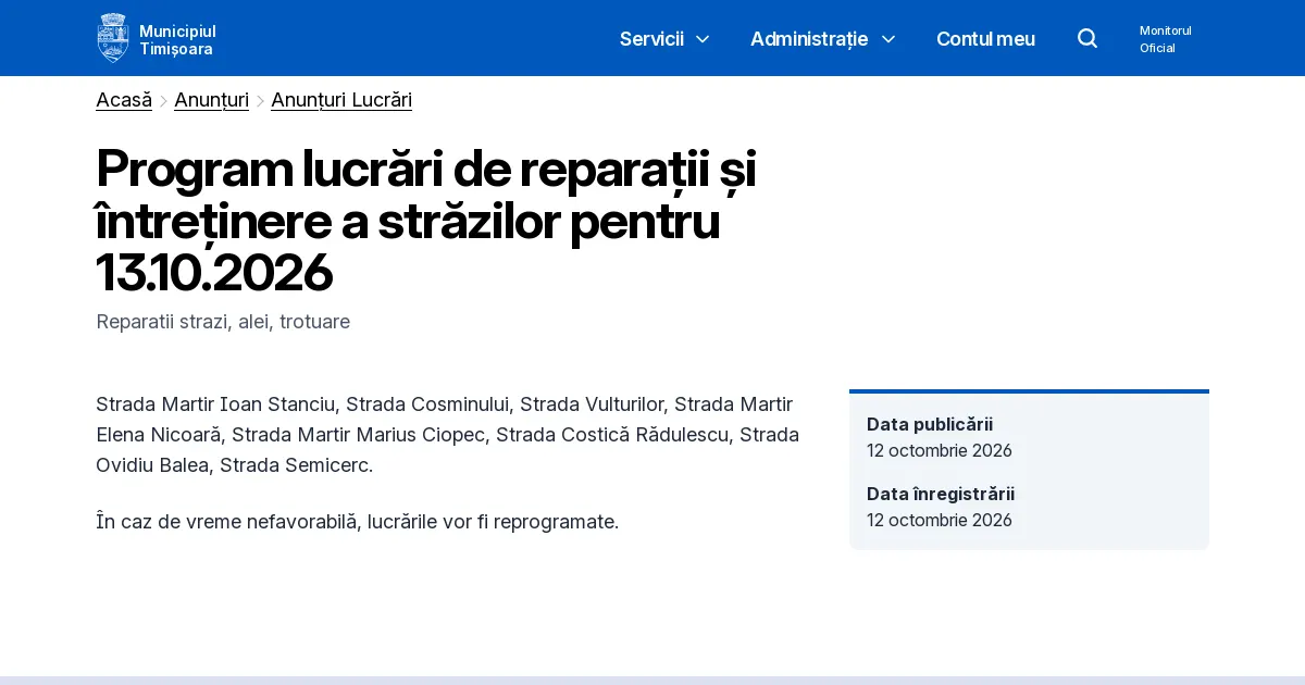 Reparații în Timișoara pe 13 octombrie: Vulturilor și Costică Rădulescu, pe listă