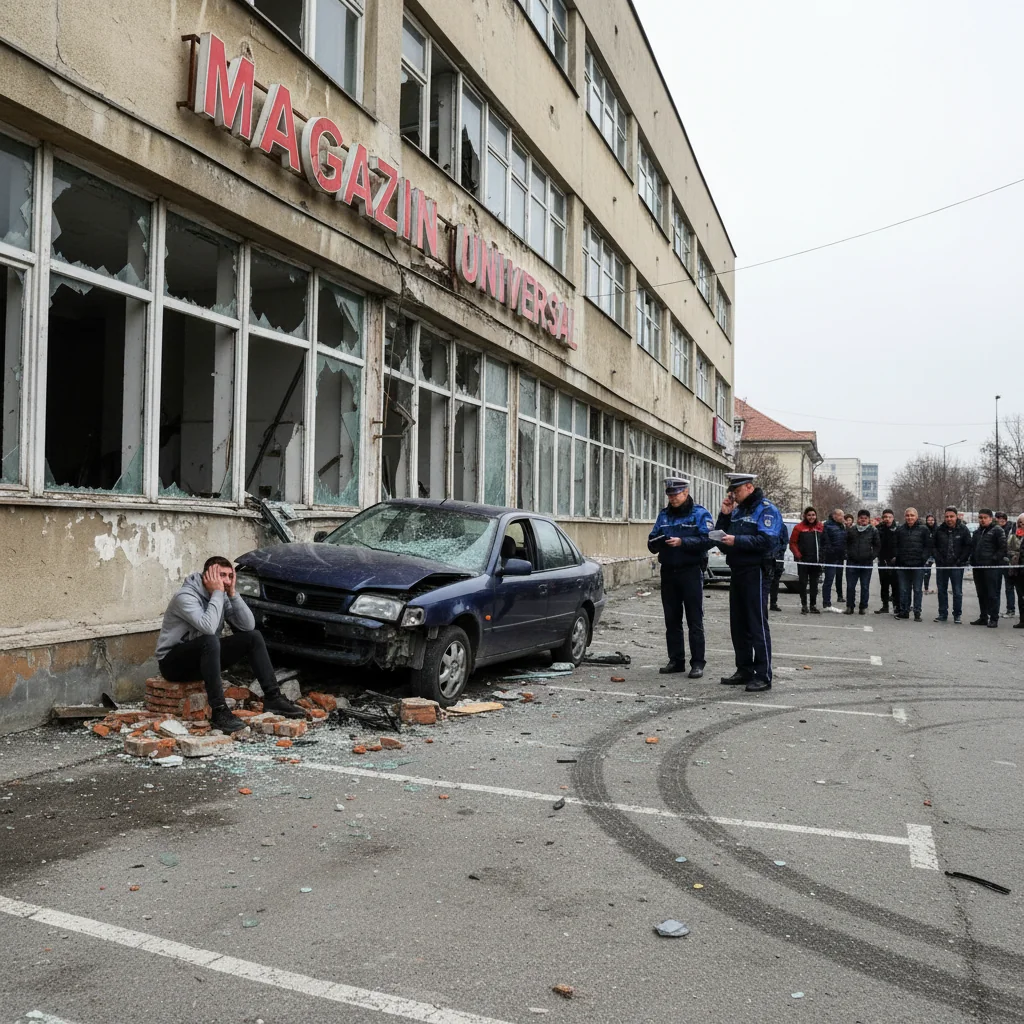Tânăr a intrat cu mașina în clădire după spectacolul din parcare