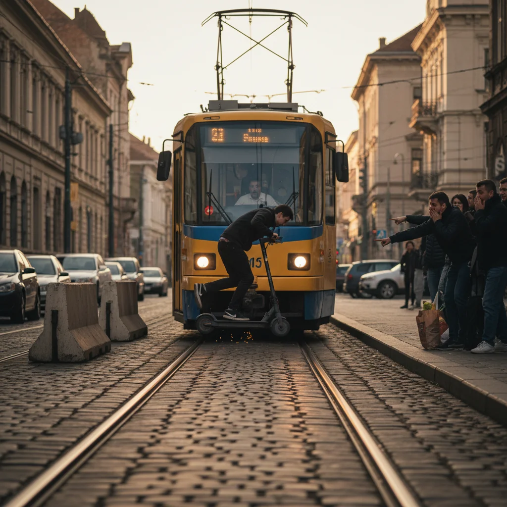Trotinetistul a evitat milimetric un tramvai la Timișoara