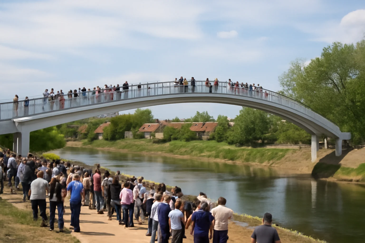 VIDEO. Inaugurare pasarelă pietonală peste râul Bega, un nou acces pentru Sânmihaiu Român, 15 mai